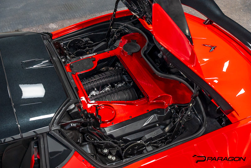 Paragon Performance C8 Corvette Stingray Red Carbon Fiber Clear Engine Cover - Convertible