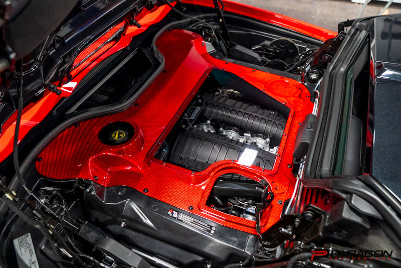 Paragon Performance C8 Corvette Stingray Red Carbon Fiber Clear Engine Cover - Convertible