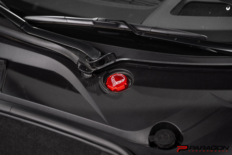 Paragon Performance C8 Corvette Stingray Flag Billet Brake Fluid Cap Cover - Black, Blue, or Red