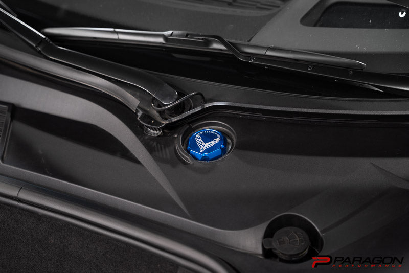 Paragon Performance C8 Corvette Stingray Flag Billet Brake Fluid Cap Cover - Black, Blue, or Red