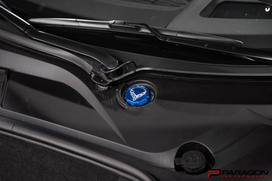 Paragon Performance C8 Corvette Stingray Flag Billet Brake Fluid Cap Cover - Black, Blue, or Red