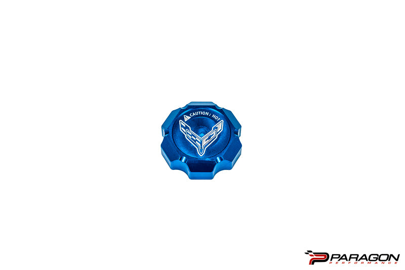 Paragon Performance C8 Corvette Stingray Flag Billet Coolant Cap Cover - Black, Blue, or Red