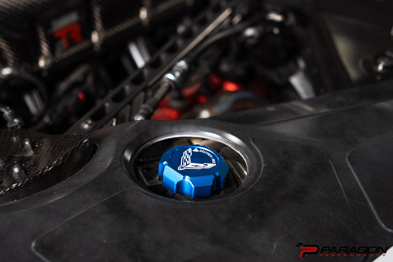 Paragon Performance C8 Corvette Stingray Flag Billet Coolant Cap Cover - Black, Blue, or Red